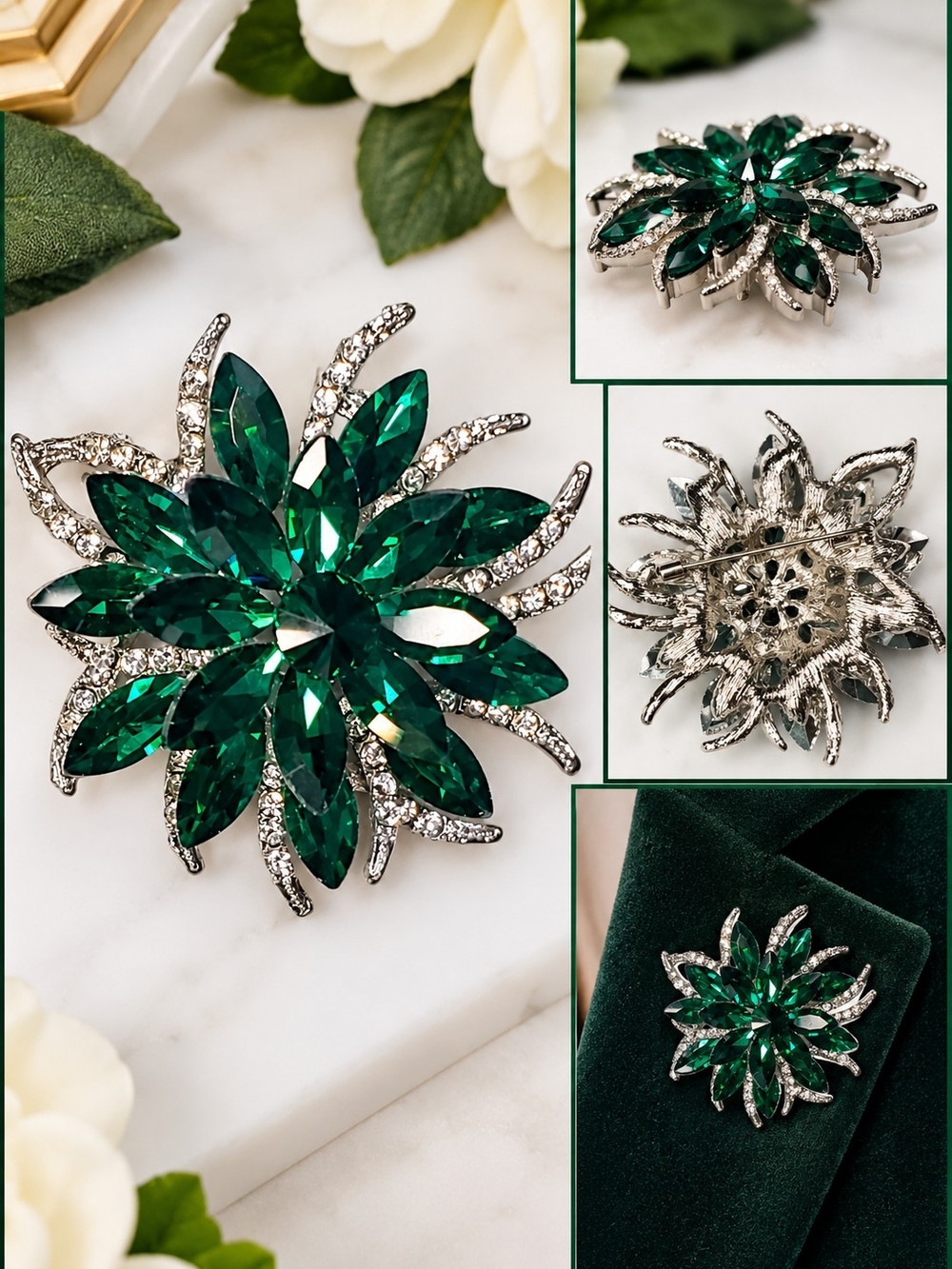 Emerald Green Rhinestone Floral Statement Brooch